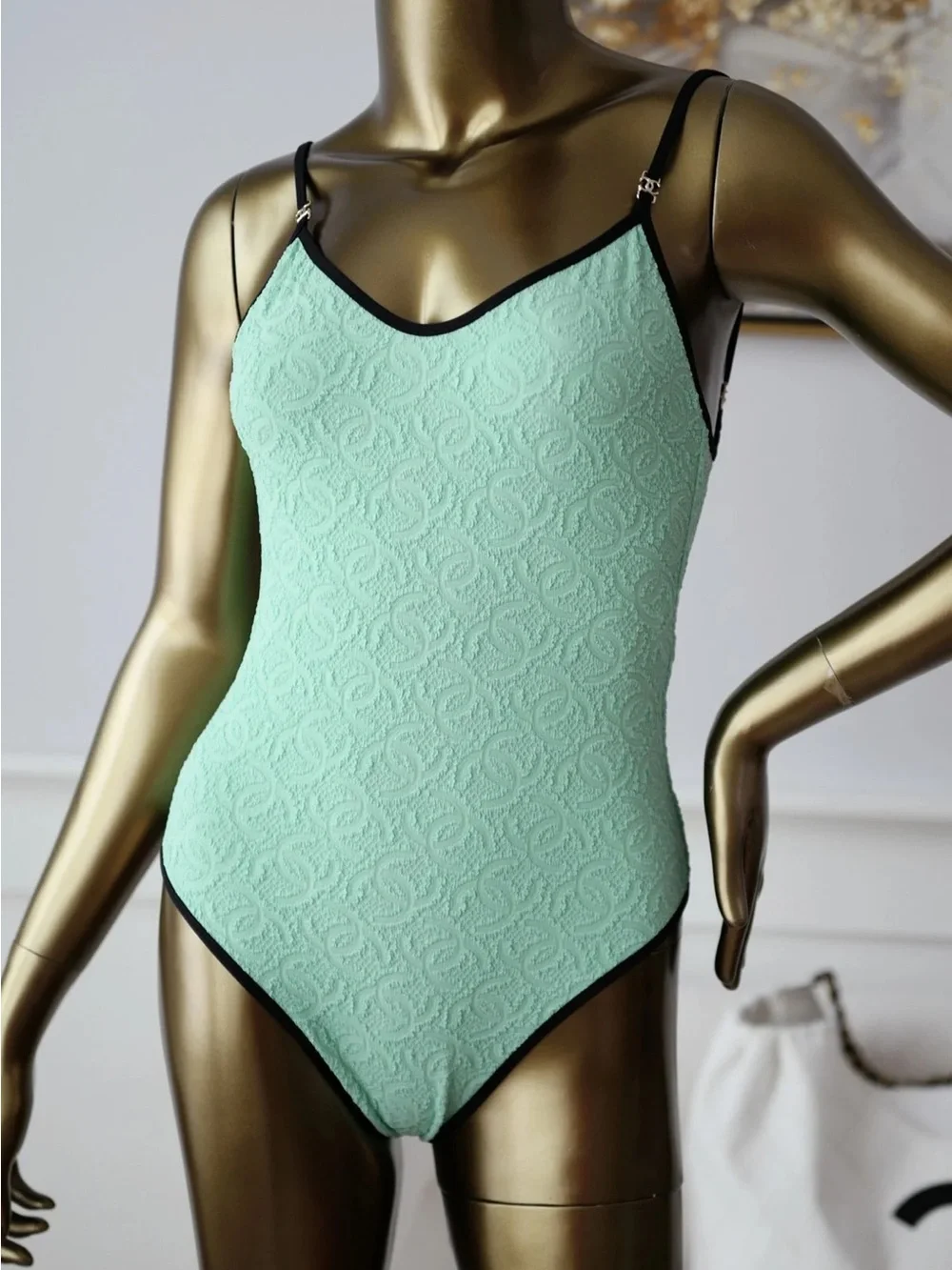 CHANEL 26M COCO BEACH Green Textured One-Piece Stretchy Swimsuit 36 XS